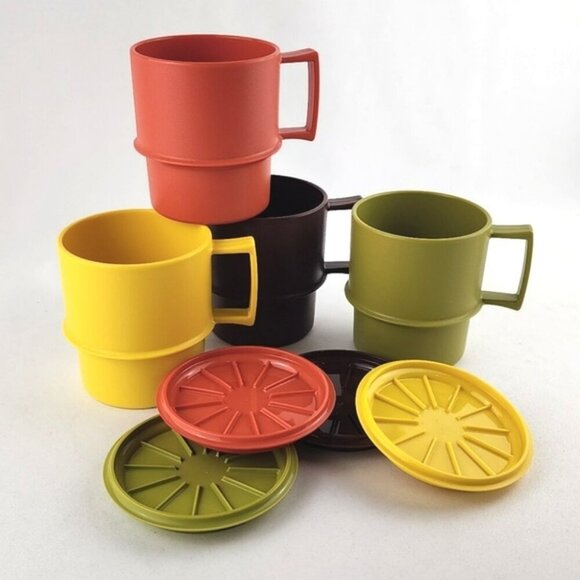 Tupperware Vintage Harvest Colours 4 Stackable Cups #1312  & Coasters #1313 - Picture 9 of 11